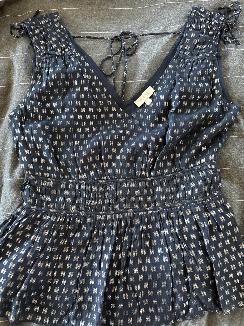 PARKER Navy Patterned Smocked Waist Top
